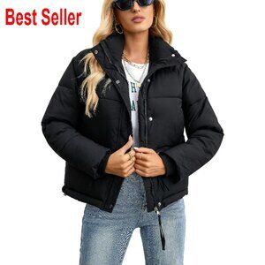 Cropped Puffer Jacket Full Zip Quilted Lightweight Winter Coat with Pockets